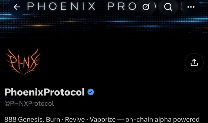 A Twitter/X profile for 'PhoenixProtocol' (@PHNXProtocol) is shown with an orange phoenix logo and the tagline '888 Genesis. Burn · Revive · Vaporize — on-chain alpha powered'.