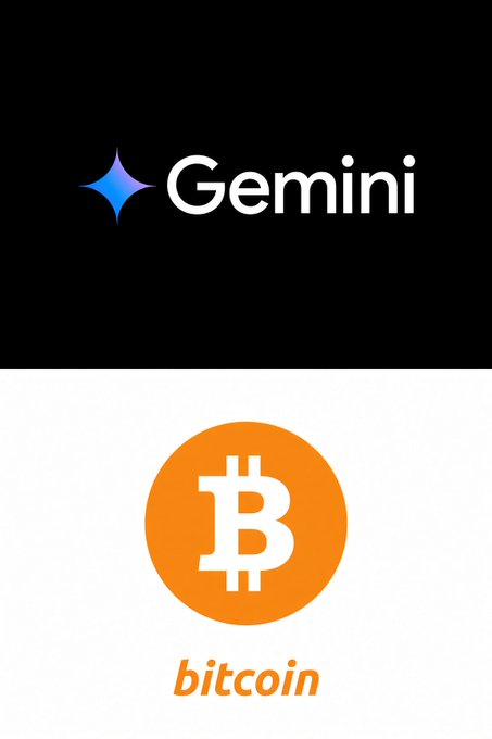 A split graphic displaying the Gemini logo (a four-pointed star with the text 'Gemini') on a black background on top, and the Bitcoin logo (a white 'B' symbol in an orange circle with the text 'bitcoin') on a white background below.