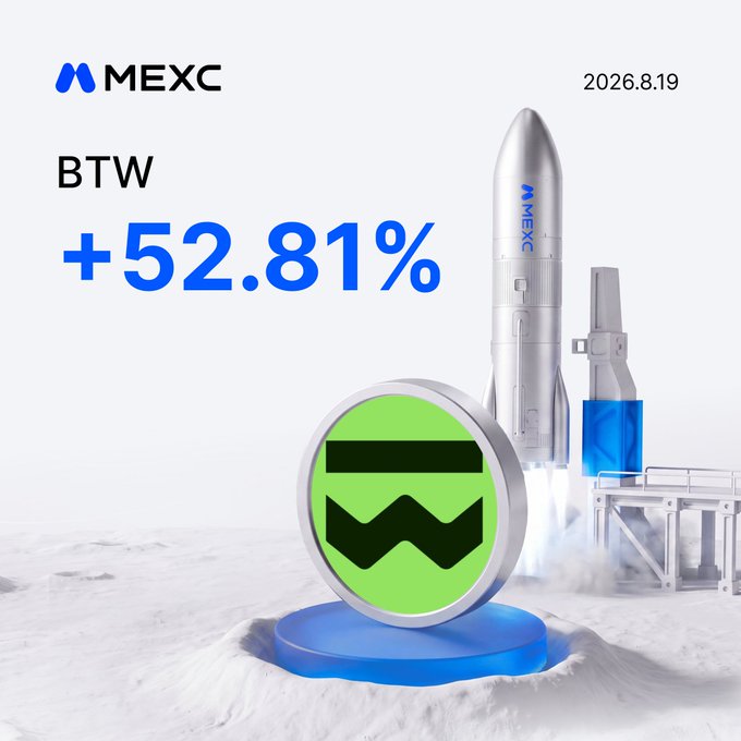 A promotional graphic for MEXC dated '2026.8.19' showing 'BTW +52.81%' with a rocket and a green coin logo launching from a snowy surface.