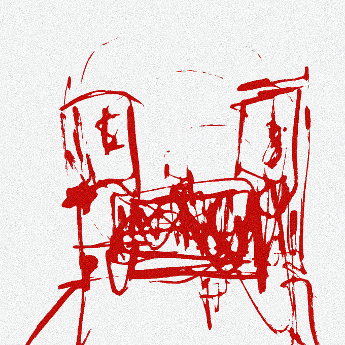 An abstract red ink or paint sketch on a white background depicting two structural shapes that resemble industrial tanks or containers with chaotic scribbled lines connecting them.