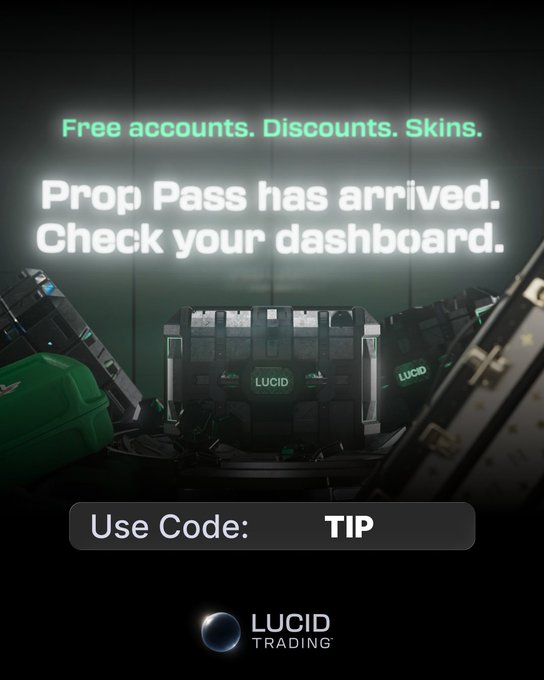A promotional advertisement for Lucid Trading announcing their 'Prop Pass' with free accounts, discounts, and skins available via the code 'TIP', featuring a dark sci-fi aesthetic with futuristic crates.