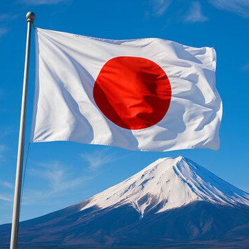 The flag of Japan waves in the foreground with Mount Fuji's snow-capped peak visible in the background against a clear blue sky.