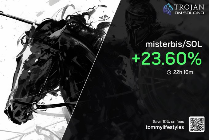A black-and-white promotional graphic for "Trojan on Solana" featuring a knight and horse illustration, displaying that "misterbis/SOL" gained +23.60% over 22h 16m, with a referral code "tommylifestyles" offering 10% off fees. The caption ties into the poster's joke about entering the Solana meme arena in 2026, humorously framing the +23.60% gain as divine intervention worthy of "thoughts and prayers."