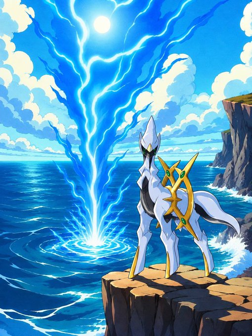 An anime-style illustration of Arceus, the legendary Pokémon, standing on a rocky cliff beside a blue ocean vortex spiraling into the sky.