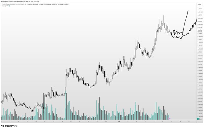 The image shows a TradingView candlestick chart for PUMP/USDT Perpetual Contract on August 23, 2025, with the current price at 0.002710, accompanied by volume bars at the bottom. Hand-drawn annotations highlight a consolidation range near recent highs and an arrow pointing to potential upside, illustrating the trader's concern that the bullish trend has pushed the risk/reward less favorable for new entries and that a deeper pullback may be needed before buying.