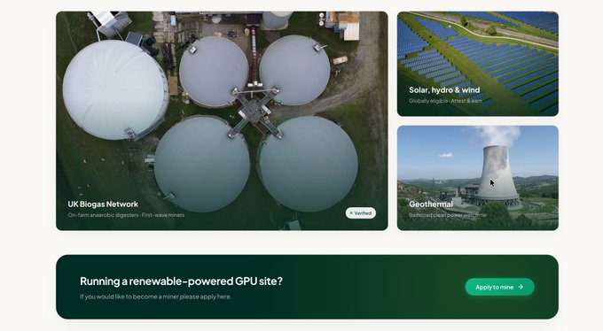 The image shows a webpage promoting Green Compute's renewable-powered GPU mining sites, featuring an aerial view of the "UK Biogas Network" (an on-farm anaerobic digester facility), along with smaller images highlighting "Solar, hydro & wind" power globally and "Geothermal" energy. A call-to-action banner reads "Running a renewable-powered GPU site? Apply to mine." 

The post highlights Green Compute's $82,000 first-month revenue milestone on Bittensor ($TAO), with the webpage's visuals reinforcing their business model of combining renewable energy sources with GPU mining infrastructure.