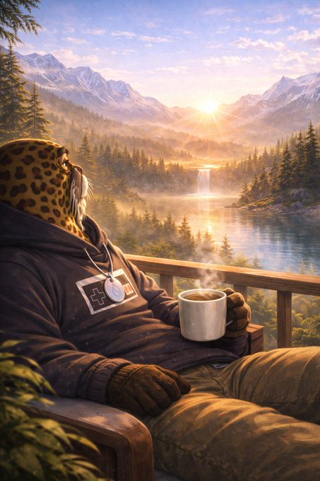 A digital artwork depicting an anthropomorphic leopard in a hoodie sitting on a balcony holding a steaming mug, overlooking a scenic mountain landscape with a lake and waterfall at sunset.