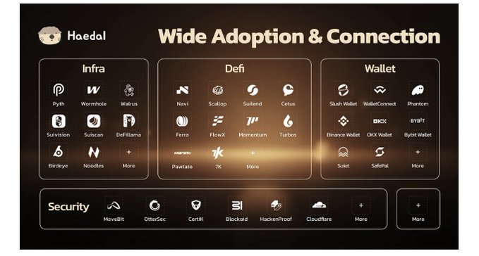 Haedal ecosystem infographic titled 'Wide Adoption & Connection' displaying partner projects across Infra (Pyth, Wormhole, Walrus, SuiVision, etc.), Defi (Navi, Scallop, Suilend, Cetus, etc.), Wallet (Slush Wallet, WalletConnect, Phantom, etc.), and Security categories.
