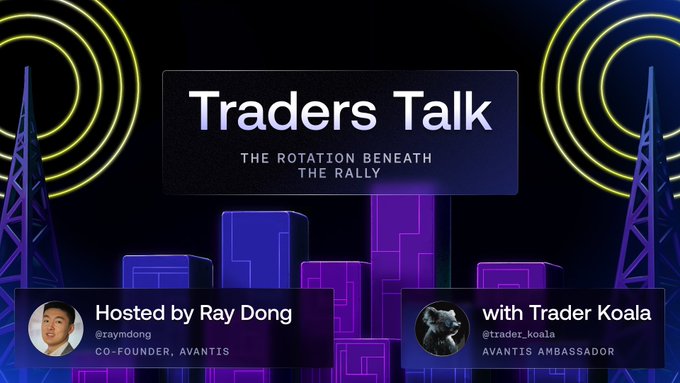 The image features an advertisement for the traders talk with three radio waves displayed at different locations around the top of the screen. The backdrop has a city skyline with towers, giving an urban feel to the background while also highlighting the concept behind the podcast's theme. In the foreground, there is text that reads "TRADERS TALK" and "THE rotation beneath THE PRALLY", which are directly related to the main topic of the show. The image also includes two posts on social media platforms with their respective Twitter handles: "@trader_koala #traderstalk" and "@cryptomomlife #trader talk".