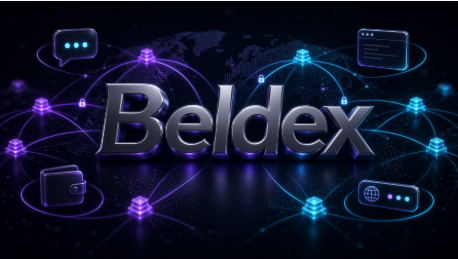 The image features a digital graphic with the word "Beldex" in large metallic letters, surrounded by interconnected nodes, chat bubbles, and wallet icons set against a dark backdrop with a world map—visually emphasizing the cryptocurrency's global privacy-focused network. The styling reinforces the post's theme of Beldex as a privacy coin where consistent delivery and connectivity matter more than just the underlying privacy technology.