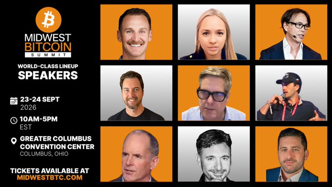 Promotional graphic for the Midwest Bitcoin Summit featuring world-class speaker lineup photos, scheduled for 23-24 September 2026 at Greater Columbus Convention Center, with tickets at midwestbtc.com.