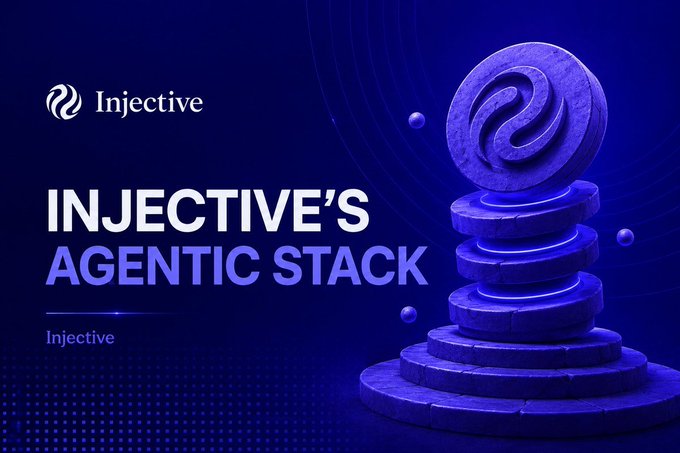 A promotional graphic for Injective features the company's logo and the bold text "INJECTIVE'S AGENTIC STACK" against a deep blue background, accompanied by a 3D rendered stack of purple coins topped with the Injective emblem, visually representing the AI-powered automated finance tools mentioned in the post.