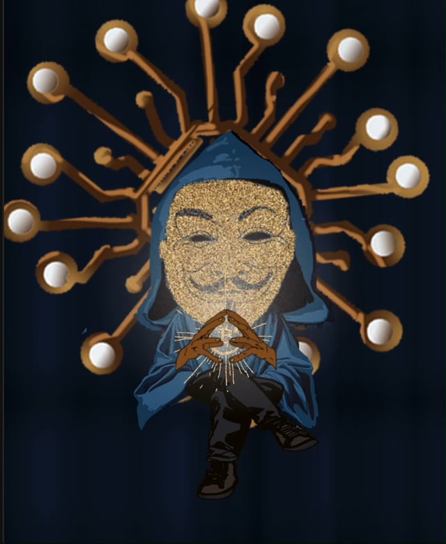The image features a cartoon character wearing a mask with gold glitter, sitting down and holding up two hands as if they are praying or meditating. The character appears to be a mashup of a person's face and a robot head, creating an interesting and unique visual effect. The caption for the image reads "Special Mashup Tournament: Get your Mashup displayed at TOKEN NATION and win the ultra-rare 
The Blockchain God". This suggests that the image is related to a special event or competition where participants are encouraged to create mashups of different elements, such as faces and robots, in order to stand out and potentially win prizes.
