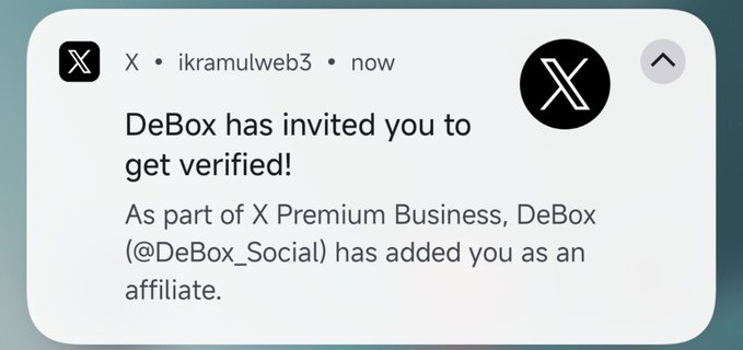 A notification screenshot from X (formerly Twitter) stating that DeBox has invited user "ikramulweb3" to get verified as part of X Premium Business.