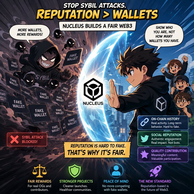 The image is an anime-style promotional graphic for Nucleus, depicting a hooded Sybil attacker on the left surrounded by "Fake Wallet" icons being blocked by a glowing blue shield, while a hooded hero on the right defends genuine users with the message "Reputation > Wallets" and "Show who you are, not how many wallets you have." It highlights Nucleus's three-pillar reputation system—On-Chain History, Social Reputation, and Quality Contribution—along with benefits like "Fair Rewards," "Stronger Projects," and "Peace of Mind," directly countering the Sybil attack problem described in the post by replacing wallet-count-based rewards with hard-to-fake reputation scoring.