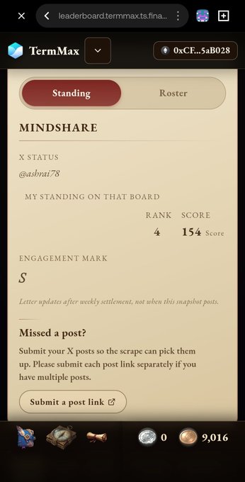 A TermMax leaderboard screenshot titled "MINDSHARE" showing X status @ashrai78 with a rank of 4 and a score of 154, earning an engagement mark of S, with 9,016 coins displayed.