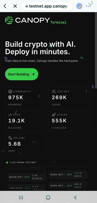 The image shows a phone screen with a website called "Canopy" displayed on it. The text on the screen reads "Build crypto with AI, deploy in minutes." This suggests that the user might be interested in developing a cryptocurrency project using artificial intelligence (AI) technology. The post also mentions that Canopy Terminal is challenging the assumption that launching a crypto project requires a full development team and months of work. Instead, it emphasizes the importance of AI expertise to make the process more efficient and effective.