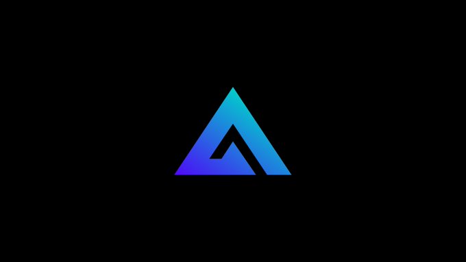A glowing triangular logo with a blue-to-purple gradient against a black background.