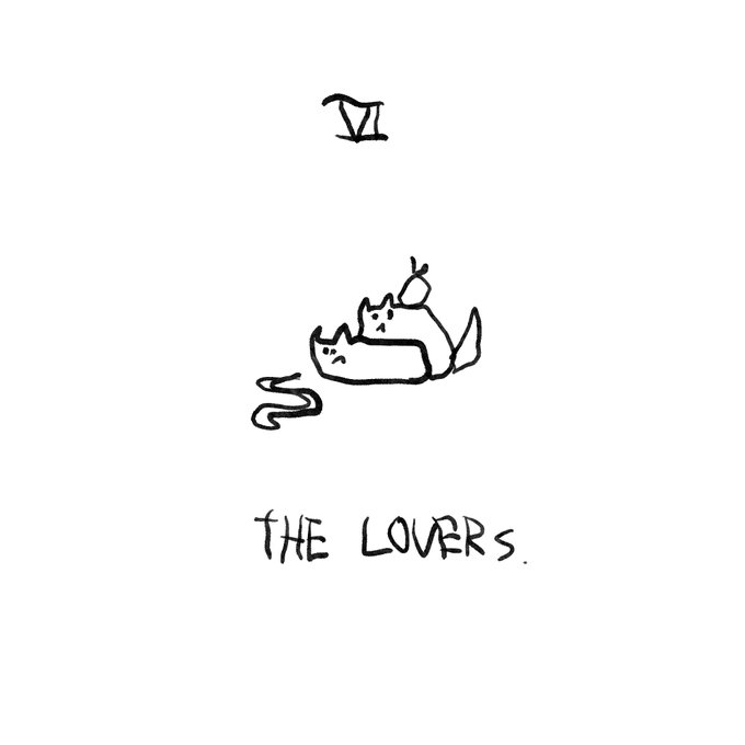 A simple hand-drawn sketch on a white background depicting the Roman numeral 'VI' at the top, two small cats lying together in the middle, and the text 'THE LOVERS.' at the bottom.