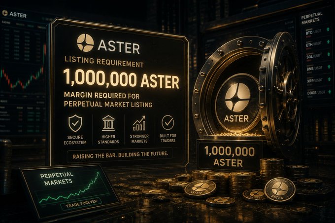 A 3D-rendered promotional graphic for 'ASTER' shows a gold vault door and stacks of coins, advertising a '1,000,000 ASTER' listing requirement margin for perpetual markets with features like secure ecosystem and built for traders.