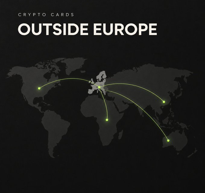 A dark infographic titled 'CRYPTO CARDS OUTSIDE EUROPE' showing a world map with yellow lines connecting Europe to destinations including North America, Central Africa, and Australia.