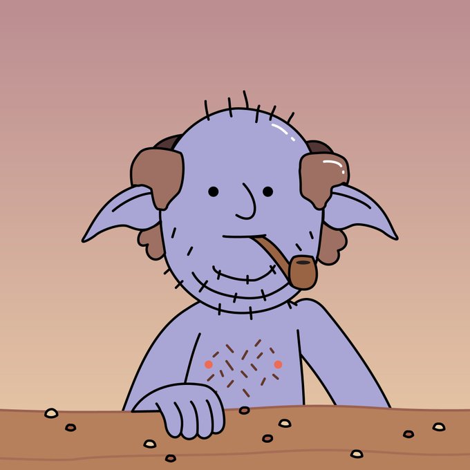 A cartoon illustration of a purple-skinned, horned creature with stitches and a pipe in its mouth, sitting at a wooden table with small pebbles.