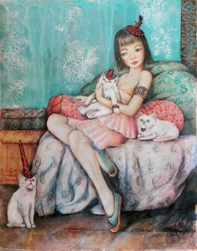 A painting of a young girl with short dark hair and a bow, wearing a pink dress, sitting on a patterned sofa while petting a white cat, with another white cat and a rabbit nearby.