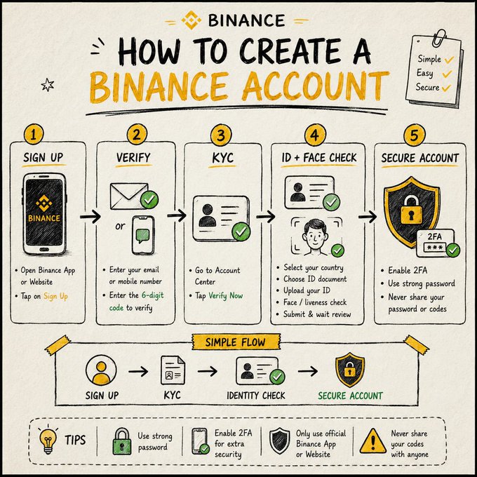 An infographic titled 'HOW TO CREATE A BINANCE ACCOUNT' outlining a 5-step process: Sign Up, Verify, KYC, ID + Face Check, and Secure Account, with additional tips at the bottom.