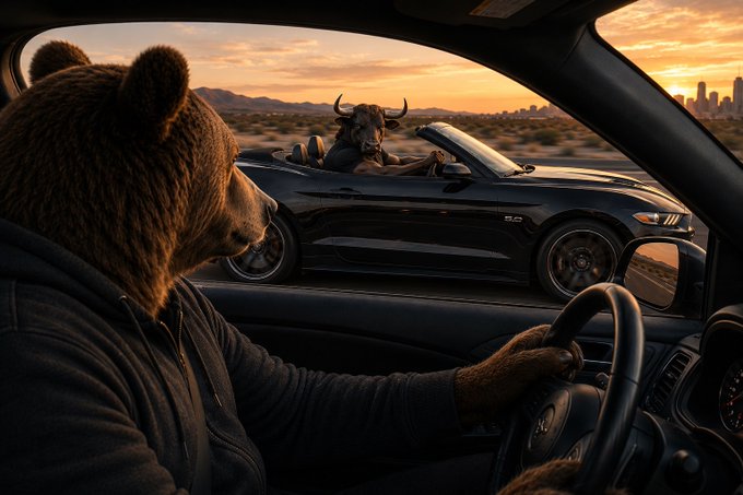 A bear driving a convertible at sunset pulls up alongside a black Ford Mustang GT bearing the "5.0" badge, but its driver is a bull with horns instead of a person. The image mirrors the post's caption by visualizing the classic market tug-of-war between bulls and bears facing off on an open road, with the city skyline in the distance suggesting the financial markets at stake.