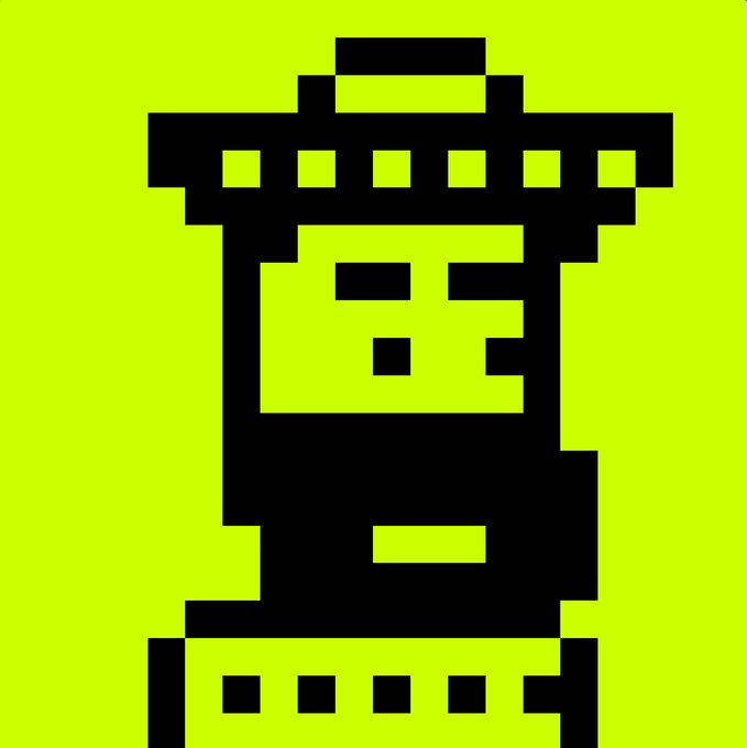 A pixel art character wearing sunglasses and a hat rendered in black against a bright neon yellow-green background.