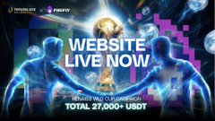 A promotional graphic reading 'WEBSITE LIVE NOW' and 'TOTAL 27,000+ USDT' with two figures displaying a World Cup trophy.
