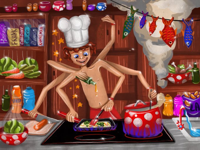 A colorful digital illustration of a chaotic kitchen scene featuring a character with a chef's hat and four arms cooking multiple dishes at once.