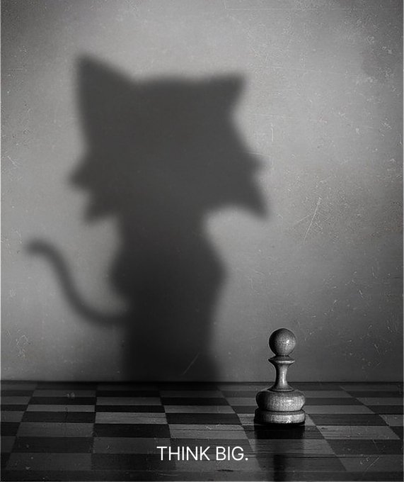 A lone chess pawn casts a massive cat shadow against a wall, with the caption "THINK BIG." — visually echoing the post's excitement about something big shifting on Base, using the metaphor of an underestimated piece hinting at greater potential.