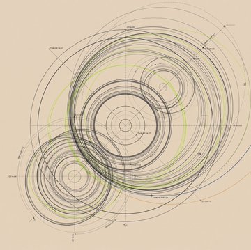 A geometric diagram of overlapping concentric circles in black, gray, and green lines on a cream background, resembling an orbital or astronomical chart with labels like "Zeta," "Terran," and "Calan" visible around the edges, serving as promotional artwork for an OpenSea NFT mint tied to the "Gif" collection.