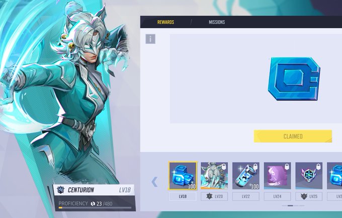 A player is close to leveling up their Centurion club from LV18 to LV20 in Marvel Rivals, having already claimed a reward at the current level. The "CLAIMED" status on the LV18 reward card shows they've earned the 100 credits available at that tier, with the white wolf character reflecting their progress.