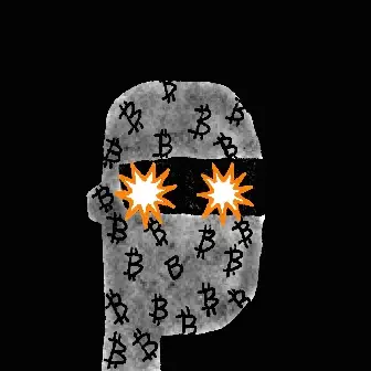 An artistic illustration of a hooded figure made of concrete with Bitcoin symbols, featuring glowing star-shaped eyes against a black background.
