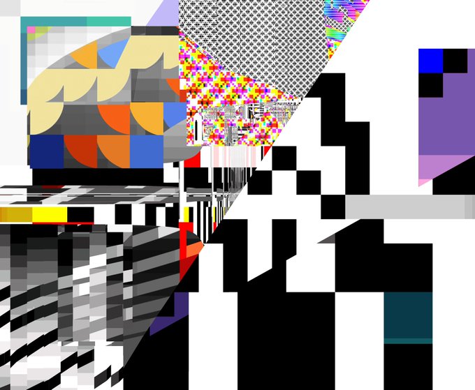 A chaotic abstract composition filled with black and white geometric shapes, pixelated color blocks, patterns, and glitch-art elements.