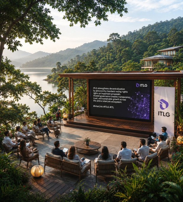 An outdoor gathering at a scenic lakeside venue features a group of attendees seated in lounge chairs watching a presentation on a large screen displaying ITLG branding and text about strengthening decentralization, with the ITLG logo visible on a banner beside it—visually reinforcing the message about verified deposits and the 0.1 ITL anti-spam mechanism highlighted in the post.