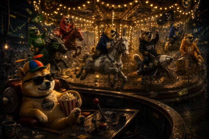 A detailed digital illustration of Shiba Inu dogs dressed as various branded characters (including 'SPY' and 'STUPID') riding horses on a carousel, with one dog relaxing with popcorn and sunglasses in the foreground.