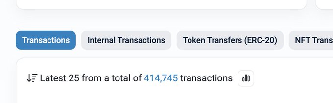 A screenshot of a blockchain explorer interface shows navigation tabs for "Transactions" (selected), "Internal Transactions," "Token Transfers (ERC-20)," and "NFT Trans," with text indicating "Latest 25 from a total of 414,745 transactions."