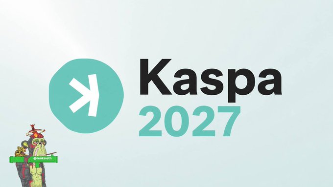 The Kaspa logo appears next to "2027" in teal text on a light background, with a small meme image of a crowned banana character in the lower left corner.