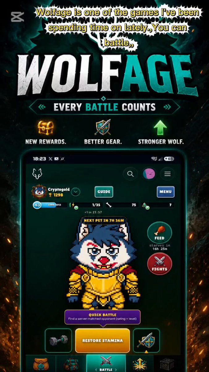 The image shows an advertisement for a video game called Wolfage. The screen displays various elements related to the game, such as a character with blue eyes wearing a yellow outfit and a sword, surrounded by other characters and items like a shield and a chest filled with rewards. The text on the screen reads "Wolfage", "Every Battle Counts", and "New rewards".