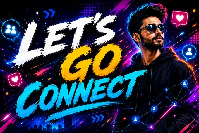 A vibrant promotional graphic featuring a man in sunglasses and a dark hoodie with the bold text "LET'S GO CONNECT" surrounded by social media icons, hearts, and network connection symbols.