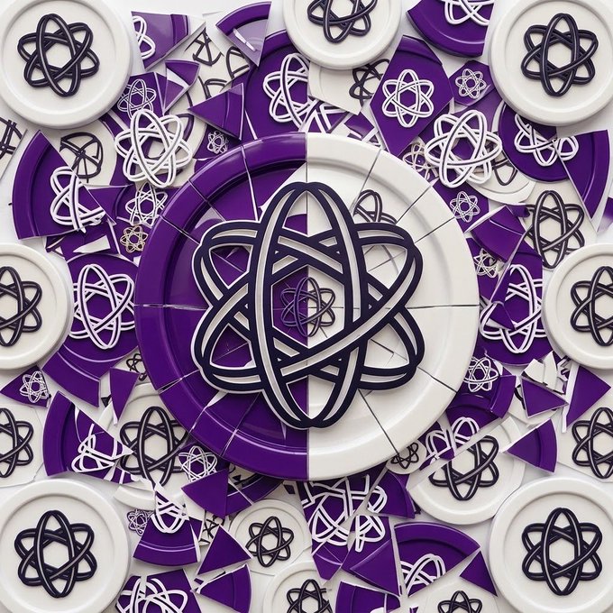 A purple and white composition featuring broken plates and geometric triangular pieces arranged around a central atom-like symbol in a 3D rendered style.