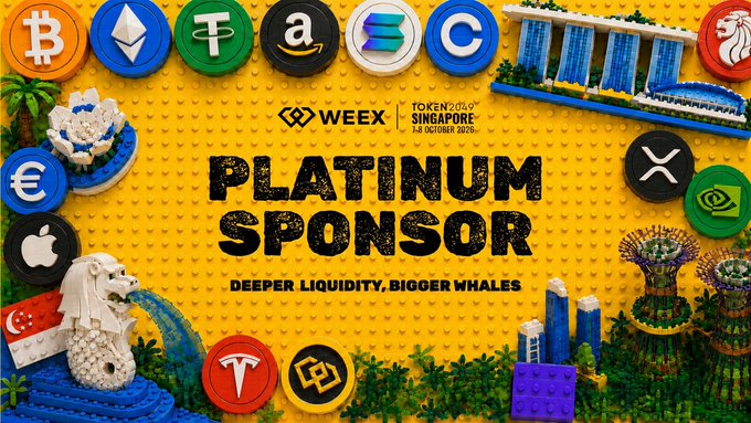 Promotional graphic for "WEEK" (WEEX) as a Platinum Sponsor of Token2049 Singapore, held October 7-8, 2026, with the tagline "Deeper Liquidity, Bigger Whales" displayed against a yellow LEGO-style background featuring crypto logos (Bitcoin, Ethereum, Tether, USDC, XRP, Solana), tech brands (Apple, Amazon, Tesla, NVIDIA), and Singapore landmarks like the Merlion, Marina Bay Sands, and Gardens by the Bay. The image celebrates WEEX's presence at the event, aligning with the post highlighting their global reach across 16+ countries and 160,000+ attendees, while marking their return to TOKEN2049.