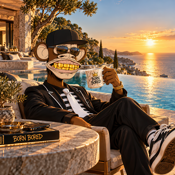 A relaxed Bored Ape-style character wearing a suit, cap, and sunglasses lounges by a Mediterranean infinity pool at sunset, holding a mug labeled "BORN BORED" with a matching book on the side table—visually echoing the post's theme of staying calm and composed through Monday's grind in the Web3 space.