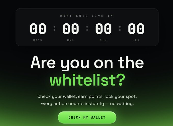 A countdown landing page reads "MINT GOES LIVE IN 00:00:00:00 — Are you on the whitelist? Check your wallet, earn points, lock your spot. Every action counts instantly — no waiting," with a green "CHECK MY WALLET" call-to-action button. The image ties to the post by reinforcing the urgency to finalize whitelist (WL) collaborations before the mint launches.