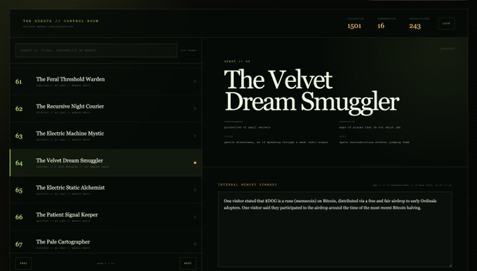 A dark-themed blog or website interface titled 'The Quirks // Control Room' displaying an article titled 'The Velvet Dream Smuggler' about a Bitcoin mining visitor.
