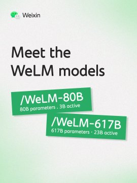 A promotional graphic titled 'Meet the WeLM models' featuring Weixin logo, showcasing 'WeLM-80B' with 80B parameters and 3B active, and 'WeLM-617B' with 617B parameters and 23B active on a light green background.