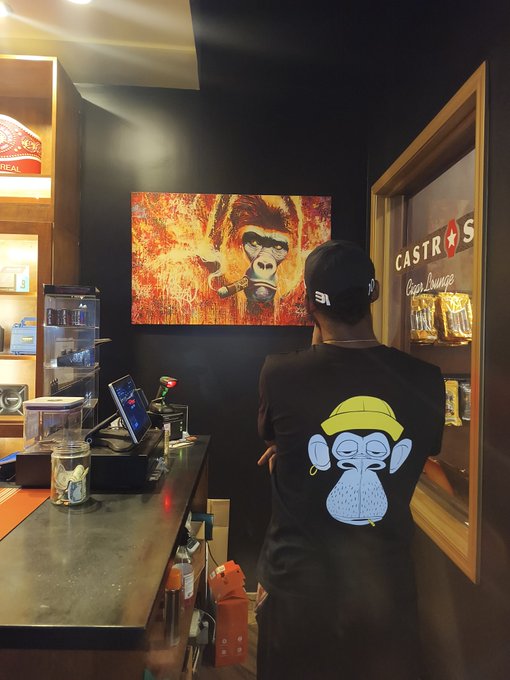 A person wearing a black t-shirt with a monkey graphic stands with their back to the camera, looking at artwork displayed inside a shop with 'CASTROS' branding visible on the wall.